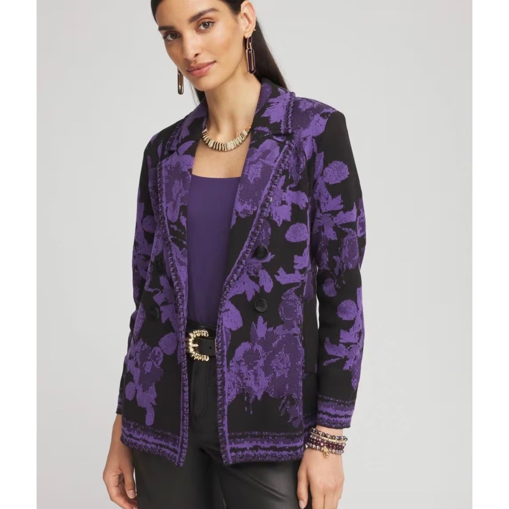 Chicos Double Breasted Knit Blazer‎ Cardigan Jacket Women's 2 Floral - Picture 8 of 10